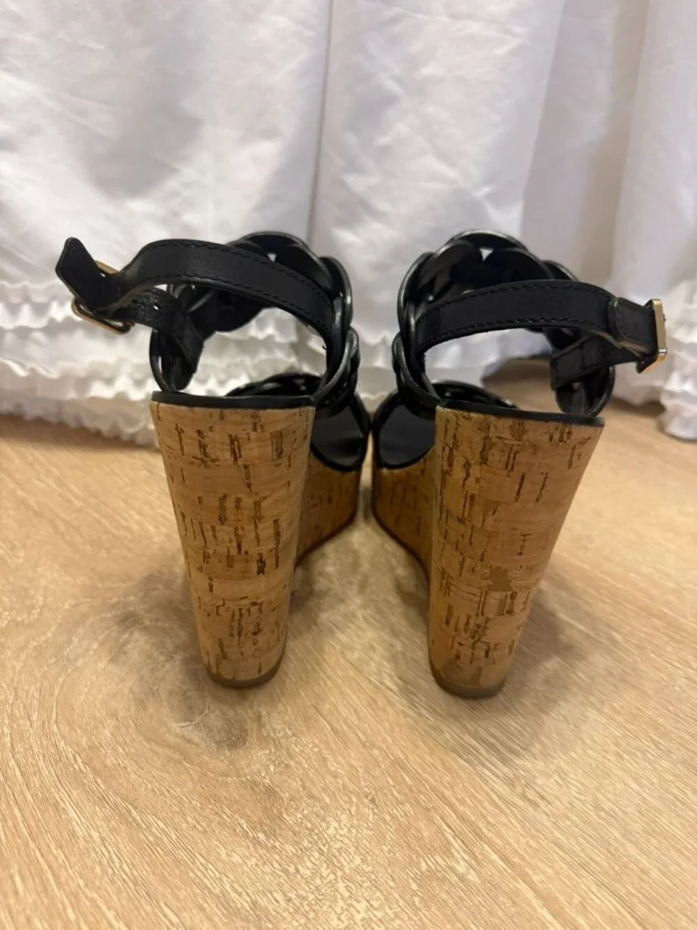 Tory Burch Black Leather Wedge Sandals Cork Heels 7.5 M